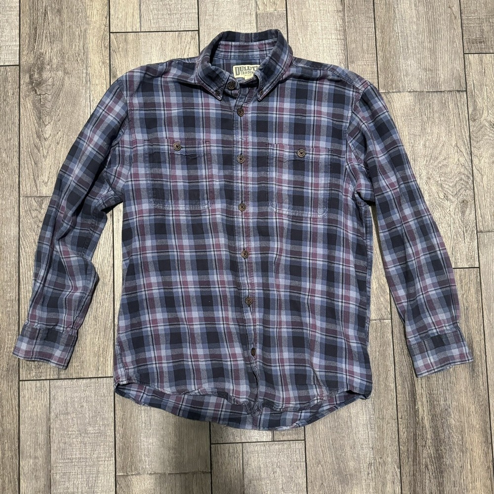 Duluth Trading Co Free Swingin Flannel Mens Plaid Blue Purple Medium EXCELLENT